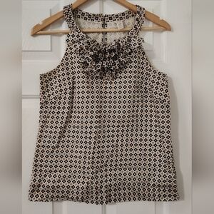 J Crew Women's Brown/Tan Geometric Ruffle Neck Sleeveless Blouse Shirt Size 4